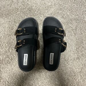 Steve Madden Black Double Buckle Slides